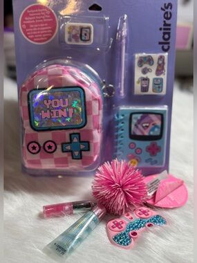 Claire's Mini Backpack Stationery Set & double lip gloss Kush ball bag Charm